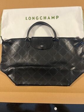 LONGCHAMP Black Metallic Le Pliage Horse Lattice Nylon Tote